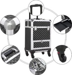 Monkey's Aluminium Kapperskoffer - Zwart - Beauty Case - Cosmeticakoffer - Make-upkoffer - Trolley - 360 Graden Wielen - 34 X 24 X 55.5 Cm -Poeder - Foundation Winkel 1155x1200 1