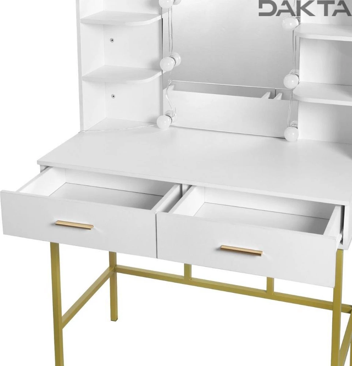 Dakta ® Luxe Make-Up Tafel Met Spiegel Met Verlichting | 2 Lades | Wit En Goud | Kaptafel 6 Dakta ® Luxe Make-Up Tafel Met Spiegel Met Verlichting | 2 Lades | Wit En Goud | Kaptafel - Afbeelding 4