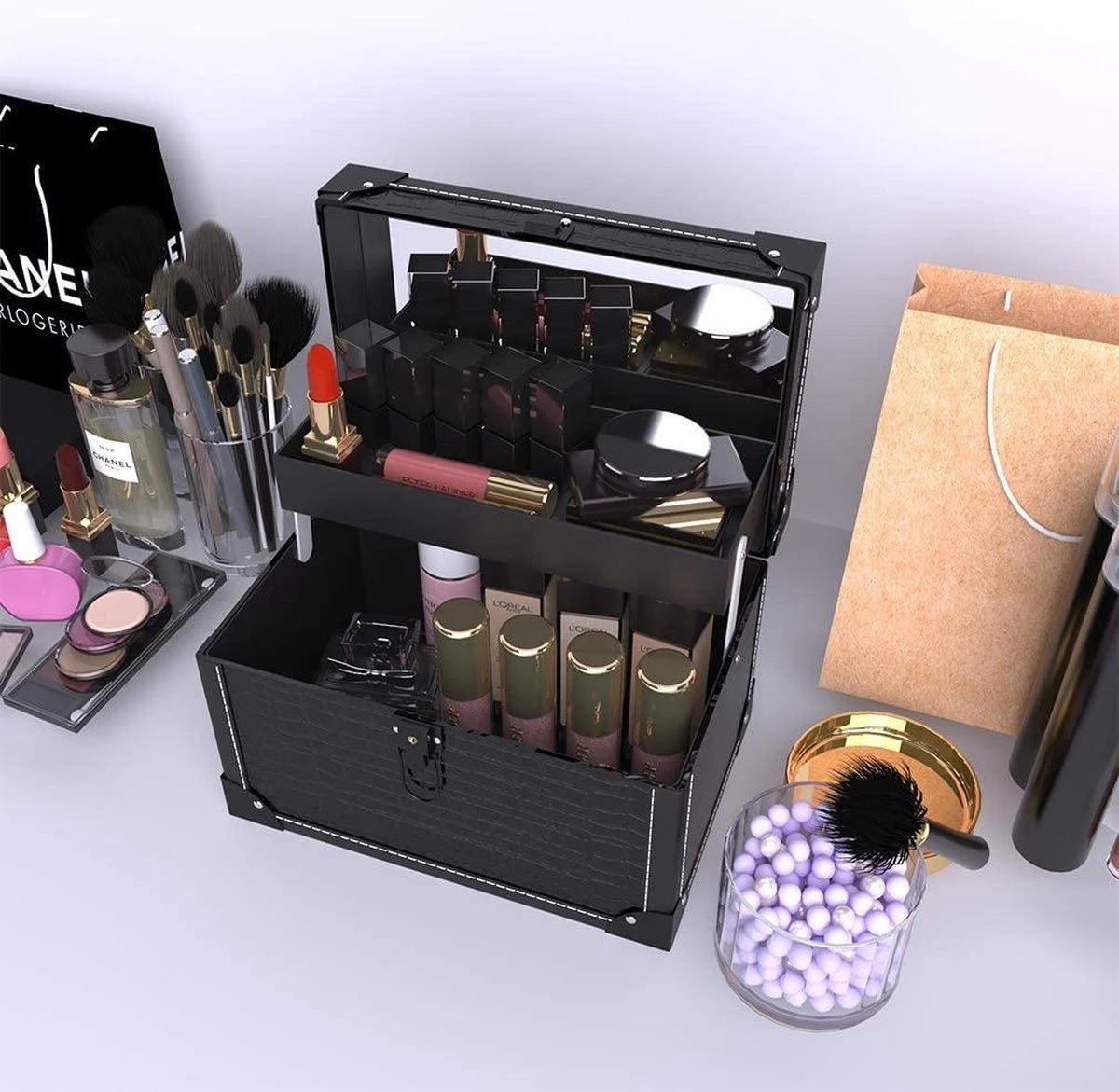 Make Up Koffer- Make Up Organizer- Beautycase -zwart -Make-upkoffer- Multifunctionele Koffer- Make-upkoffer- Sieradenkoffer- Kapperskoffer- Afneembare Schouderriem- Klassieke Zwarte Beautycase 5 Make Up Koffer- Make Up Organizer- Beautycase -zwart -Make-upkoffer- Multifunctionele Koffer- Make-upkoffer- Sieradenkoffer- Kapperskoffer- Afneembare Schouderriem- Klassieke Zwarte Beautycase - Afbeelding 3