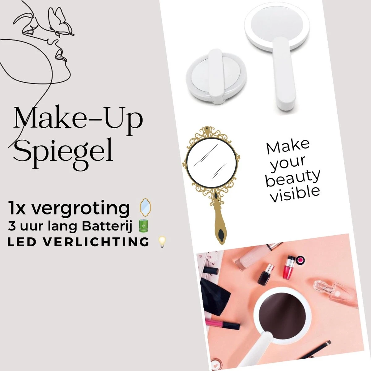 Merkloos Make Up Spiegel Met Led Verlichting - Verzorging Spiegel - Luxe Handspiegel - Zakspiegel - Sterke Handvat -Wit 5 Merkloos Make Up Spiegel Met Led Verlichting - Verzorging Spiegel - Luxe Handspiegel - Zakspiegel - Sterke Handvat -Wit - Afbeelding 3