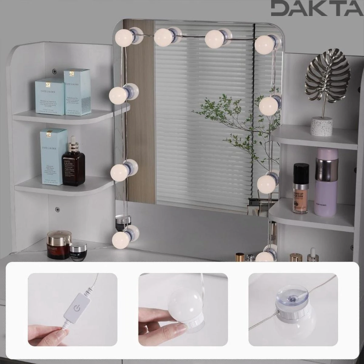 Dakta ® Luxe Make-Up Tafel Met Spiegel Met Verlichting | 2 Lades | Wit En Goud | Kaptafel 5 Dakta ® Luxe Make-Up Tafel Met Spiegel Met Verlichting | 2 Lades | Wit En Goud | Kaptafel - Afbeelding 3