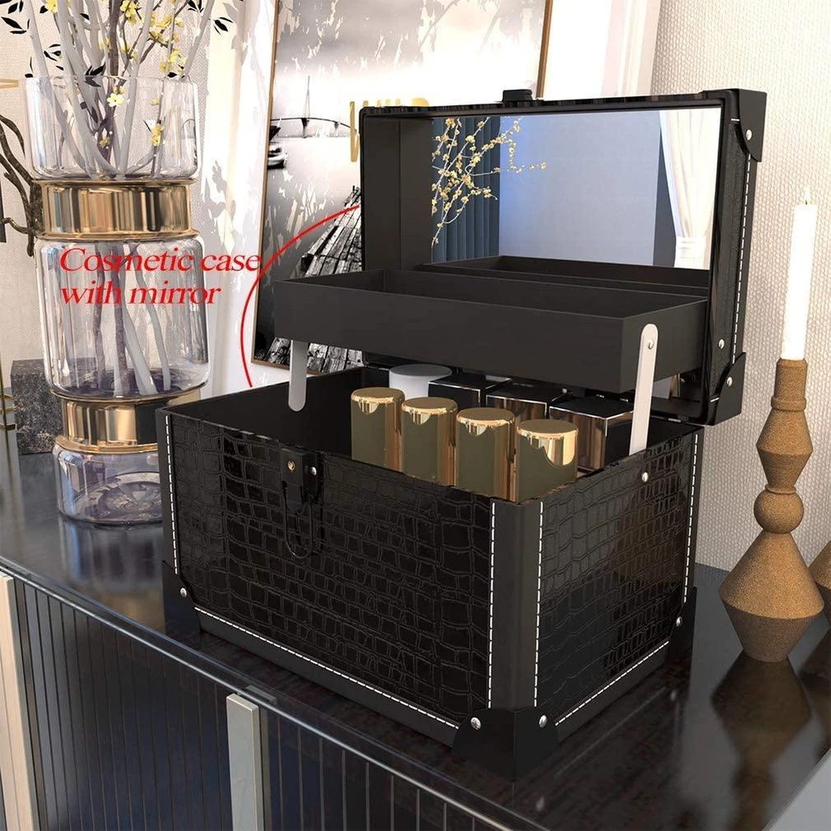 Make Up Koffer- Make Up Organizer- Beautycase -zwart -Make-upkoffer- Multifunctionele Koffer- Make-upkoffer- Sieradenkoffer- Kapperskoffer- Afneembare Schouderriem- Klassieke Zwarte Beautycase 4 Make Up Koffer- Make Up Organizer- Beautycase -zwart -Make-upkoffer- Multifunctionele Koffer- Make-upkoffer- Sieradenkoffer- Kapperskoffer- Afneembare Schouderriem- Klassieke Zwarte Beautycase - Afbeelding 2