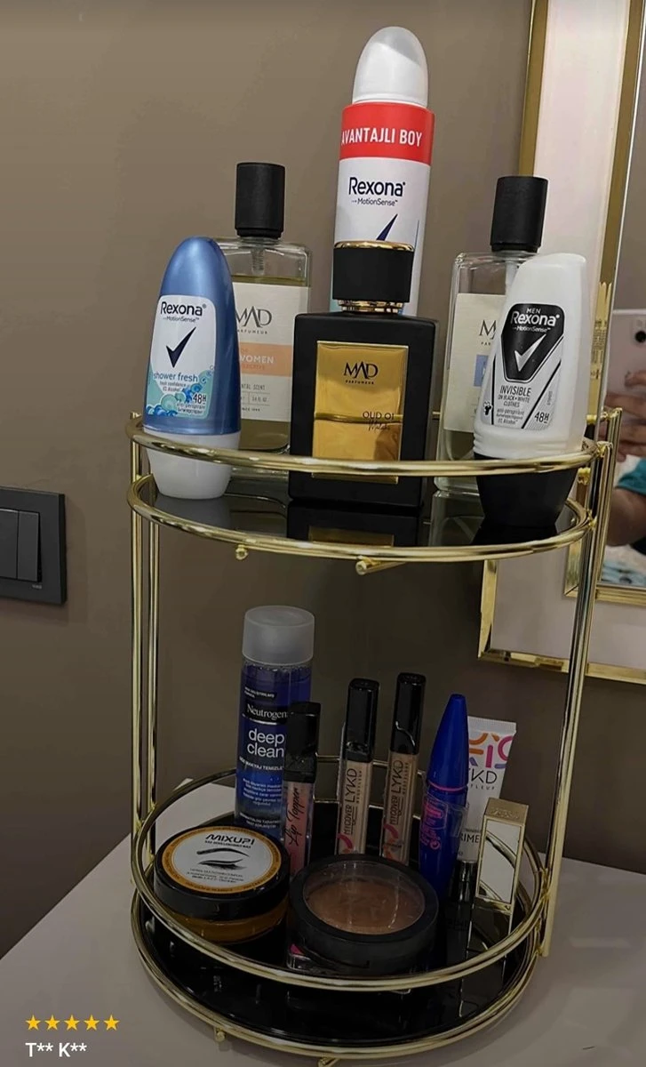 KIARA Badkamer Cosmetische Sieraden Organizer Multifunctionele Organizer 2-Tier Dienblad Catering Goud 7 KIARA Badkamer Cosmetische Sieraden Organizer Multifunctionele Organizer 2-Tier Dienblad Catering Goud - Afbeelding 5