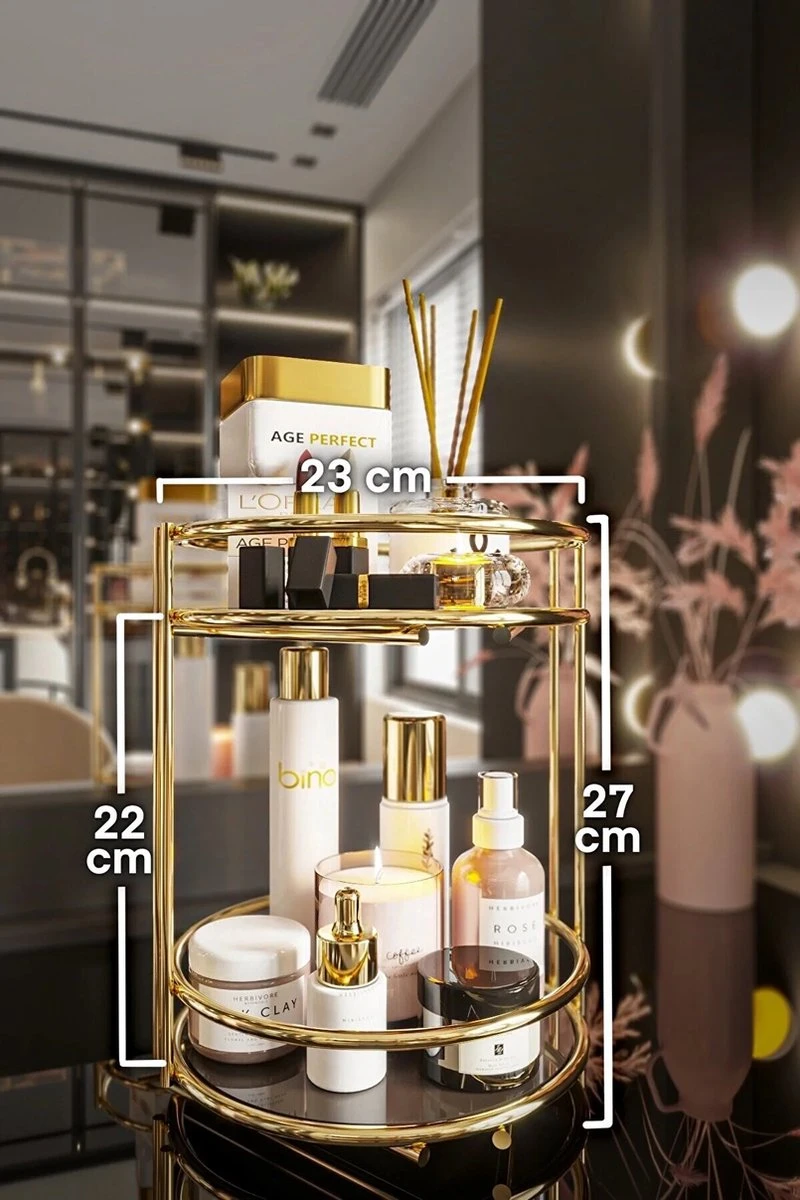 KIARA Badkamer Cosmetische Sieraden Organizer Multifunctionele Organizer 2-Tier Dienblad Catering Goud 4 KIARA Badkamer Cosmetische Sieraden Organizer Multifunctionele Organizer 2-Tier Dienblad Catering Goud - Afbeelding 2