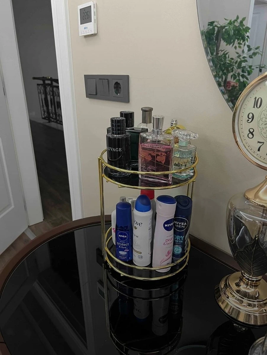 KIARA Badkamer Cosmetische Sieraden Organizer Multifunctionele Organizer 2-Tier Dienblad Catering Goud 5 KIARA Badkamer Cosmetische Sieraden Organizer Multifunctionele Organizer 2-Tier Dienblad Catering Goud - Afbeelding 3